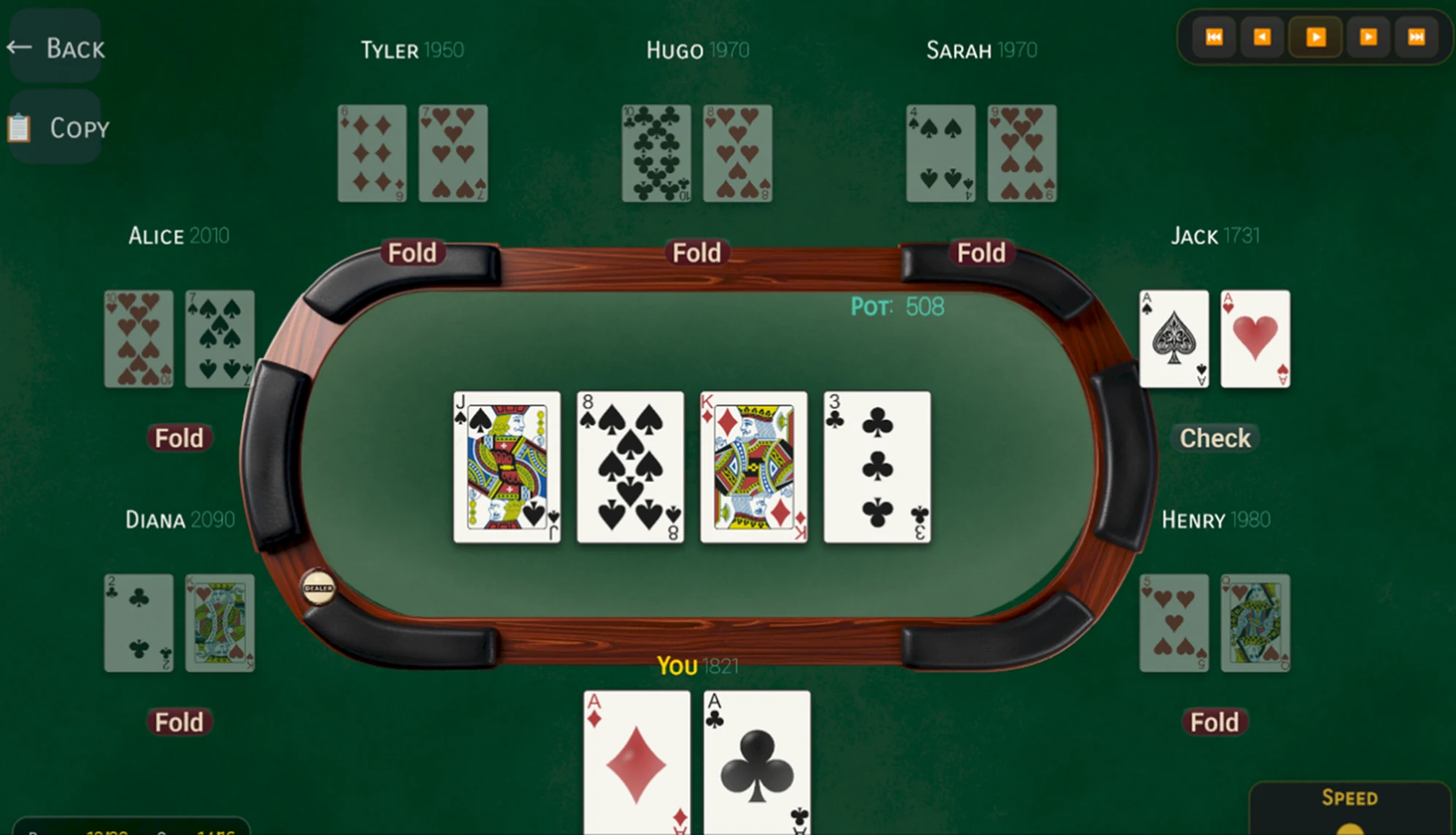 SparringPoker hand replay screen